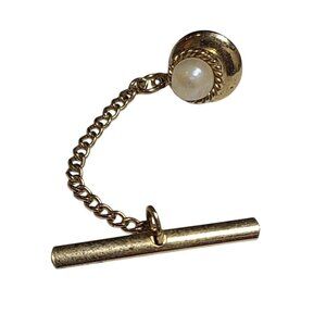 Vintage Swank Gold Tone Tie Tack Chain Bar Faux Pearl Accent Men’s Accessory